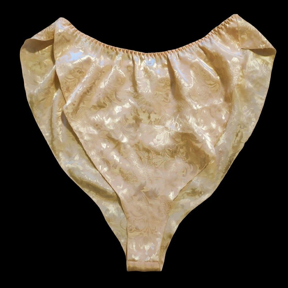 Vintage Victoria Secret High Cut Flutter Satin Panties Peach Gold Label Medium